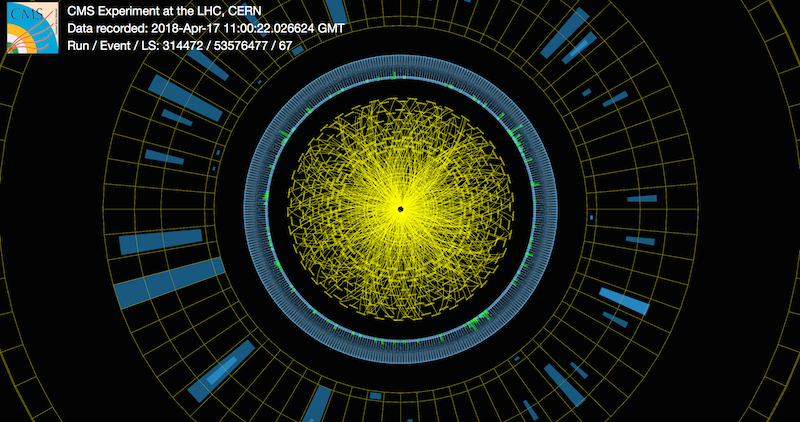 Collisions recorded by the CMS detector on 17 April 2018 at the start of the year's physics run